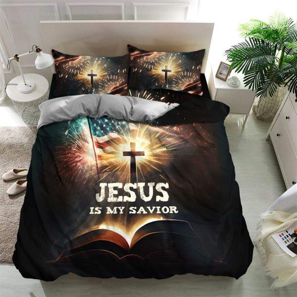 Cross American Flag Jesus Is My Savior Bedding Set – Christian Gift For Believers