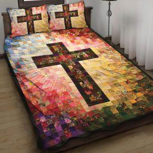 Cross and Flower Christian Quilt Bedding Set – Christian Gift For Believers