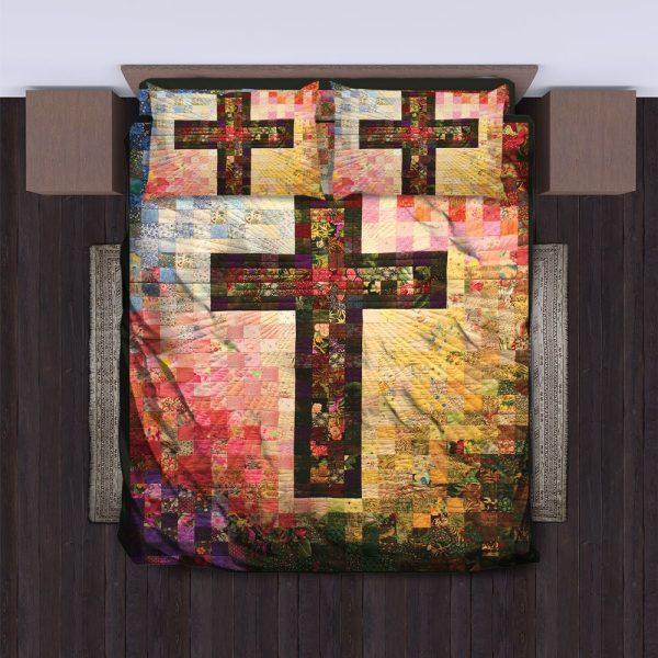 Cross and Flower Christian Quilt Bedding Set – Christian Gift For Believers