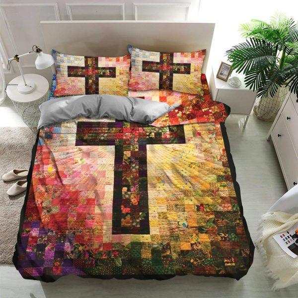 Cross and Flower Christian Quilt Bedding Set – Christian Gift For Believers