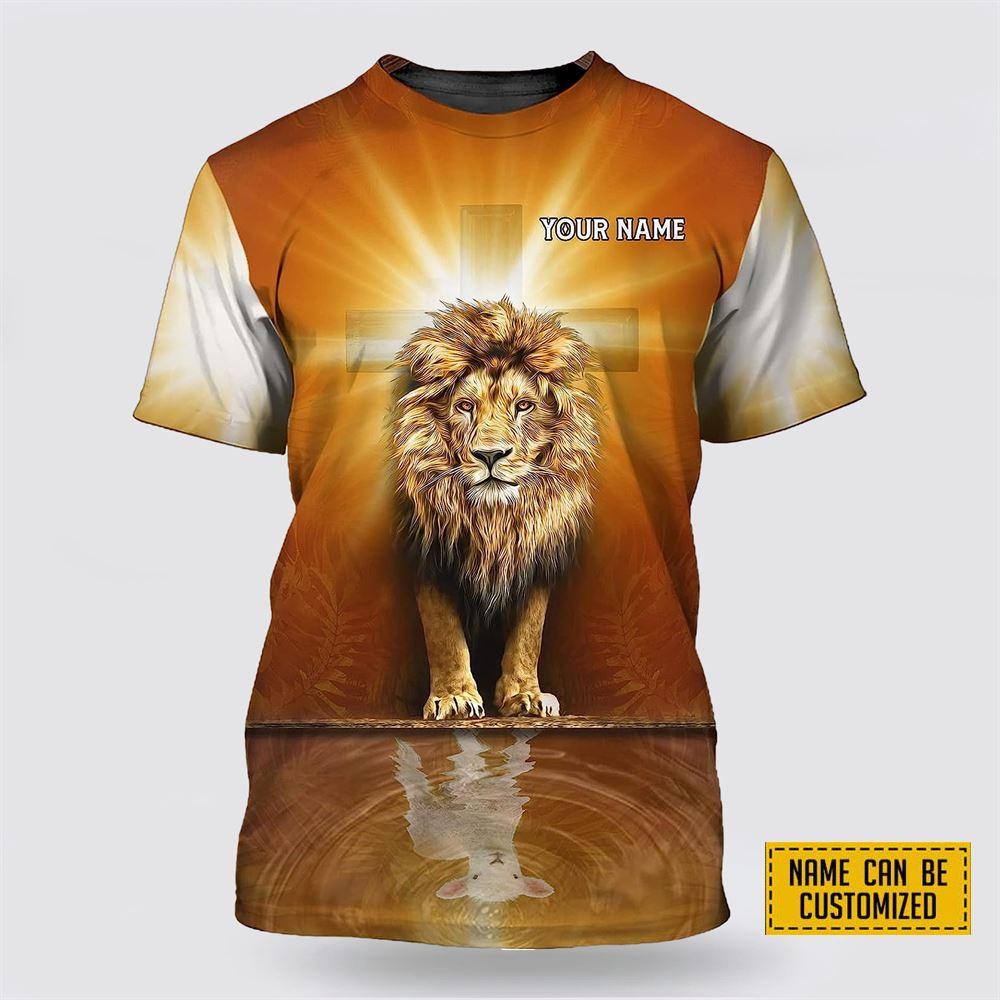 Custom Name Cool Lion With Light Cross All Over Print 3D T Shirt – Gifts For Christians