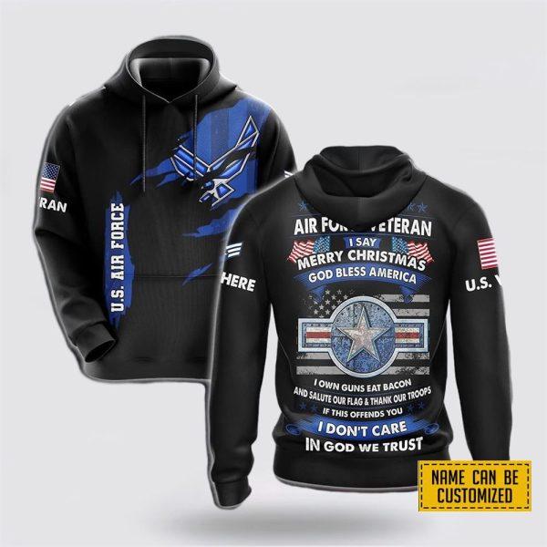Custom Name Rank All Over Print 3D Hoodie US Air Force Veteran Merry Christmas God Bless America – Gift For Military Personnel