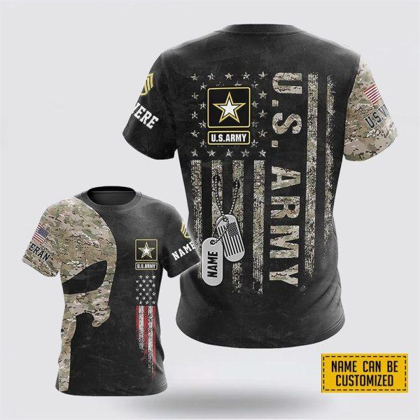 Custom Name Rank US Army Veteran Skull All Over Print 3D T Shirt – Gift For Military Personnel