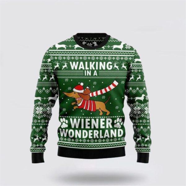 Dachshund Dog Walking In A Wiener Wonderland Ugly Christmas Sweater – Dog Lover Christmas Sweater