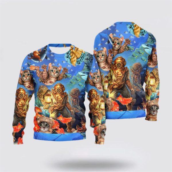 Diving Cat Under The Sea Art Style Ugly Christmas Sweater – Cat Lover Christmas Sweater