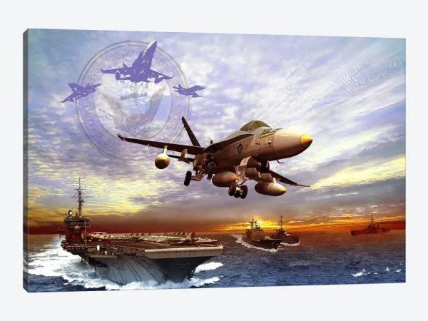 FA-18 Hornet Taking Off From A US Navy Aircraft Carrier Canvas Wall Art – Gift For Military Personnel