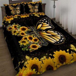 Faith Jesus Christ Butterfly Sunflower Quilt Bedding…