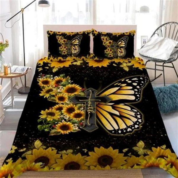 Faith Jesus Christ Butterfly Sunflower Quilt Bedding Set – Christian Gift For Believers