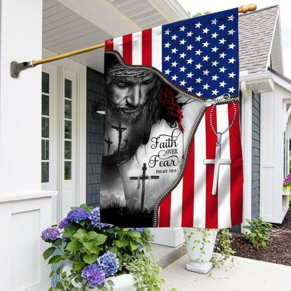 Faith Over Fear. Jesus Under American Flag – Christian Flag Outdoor Decoration