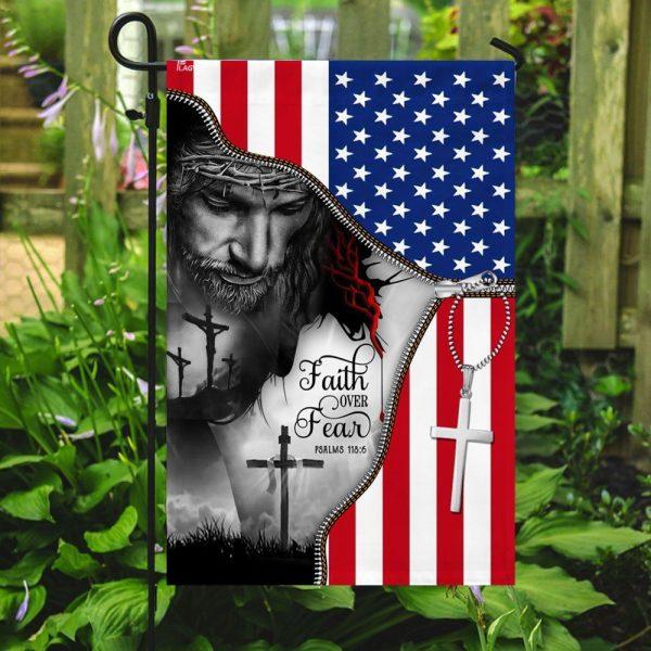 Faith Over Fear. Jesus Under American Flag – Christian Flag Outdoor Decoration