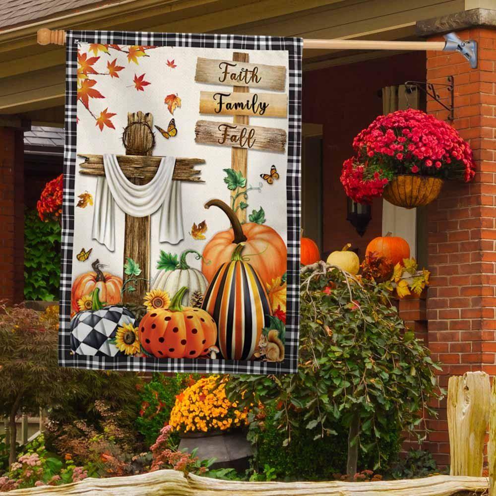 Fall Flag Faith, Family, Fall Christian Cross Pumpkins Thanksgiving Flag – Christian Flag Outdoor Decoration