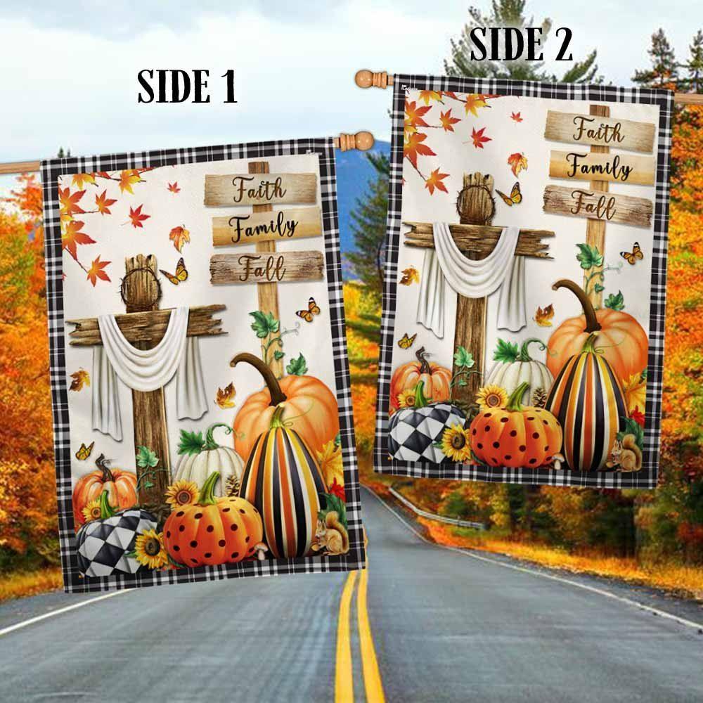 Fall Flag Faith, Family, Fall Christian Cross Pumpkins Thanksgiving Flag – Christian Flag Outdoor Decoration