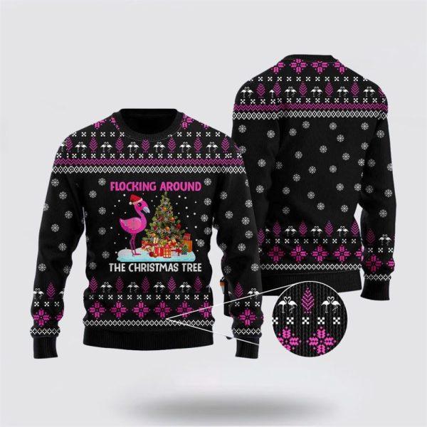 Flamingo Flocking Around The Christmas Tree Ugly Sweater – Christmas Gifts For Frends