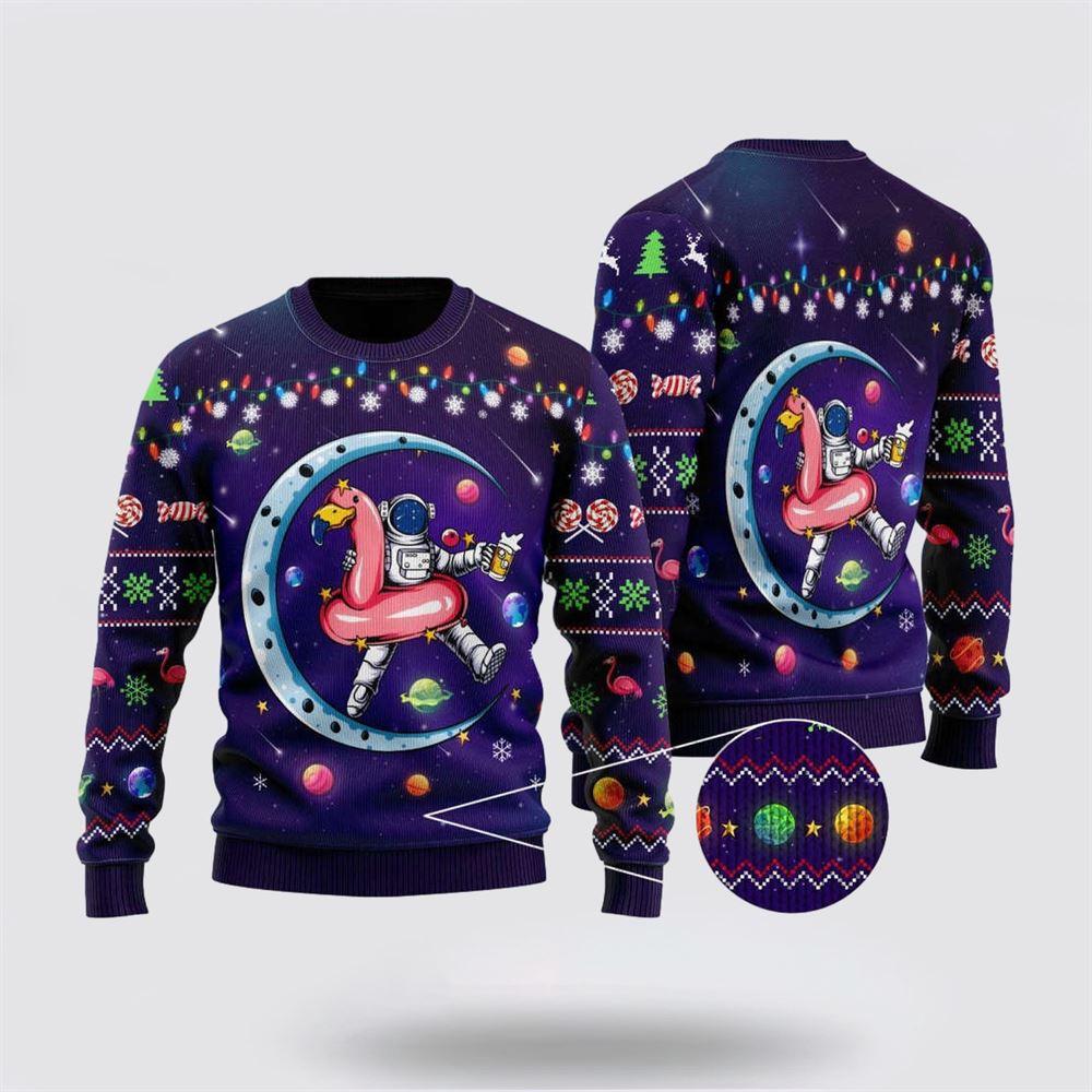 Funny Astronauts Sit On Flamingo Floats In Space With The Planet Ugly Christmas Sweater – Christmas Gifts For Frends