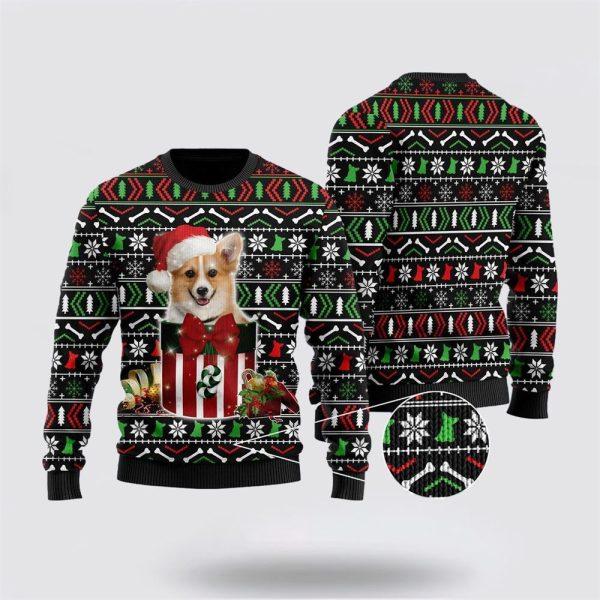 Funny Corgi In The Gift Box Ugly Sweater – Pet Lover Christmas Sweater