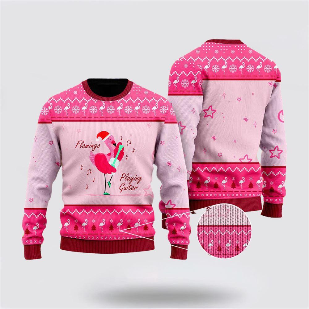 Funny Flamingo Playing Guitar Christmas Ugly Christmas Sweater – Christmas Gifts For Frends Funny Flamingo Playing Guitar Christmas Ugly Christmas Sweater – Christmas Gifts For Frends