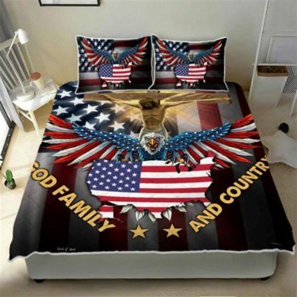 God, Family And Country Quilt Bedding Set – Christian Gift For Believers