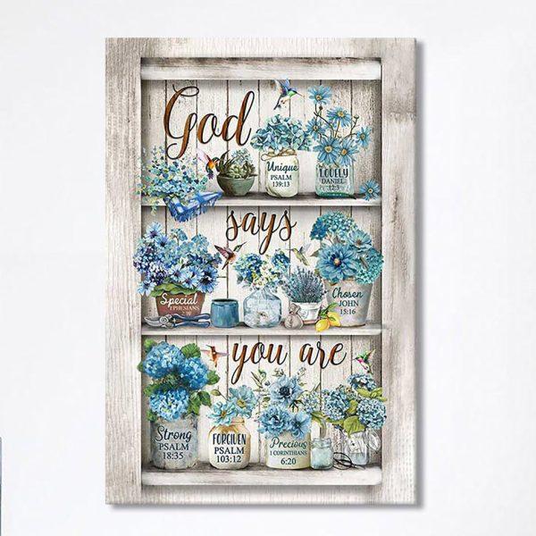 God Says You Are Blue Flower Hummingbird Canvas Wall Art – Bible Verse Canvas Art – Christian Home Decor