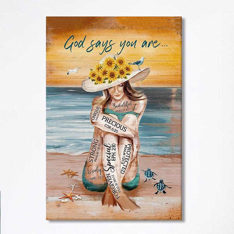 God Says You Are Canvas Beautiful Girl On The Beach Canvas Wall Art – Christian Canvas Prints – Bible Verse Canvas Art