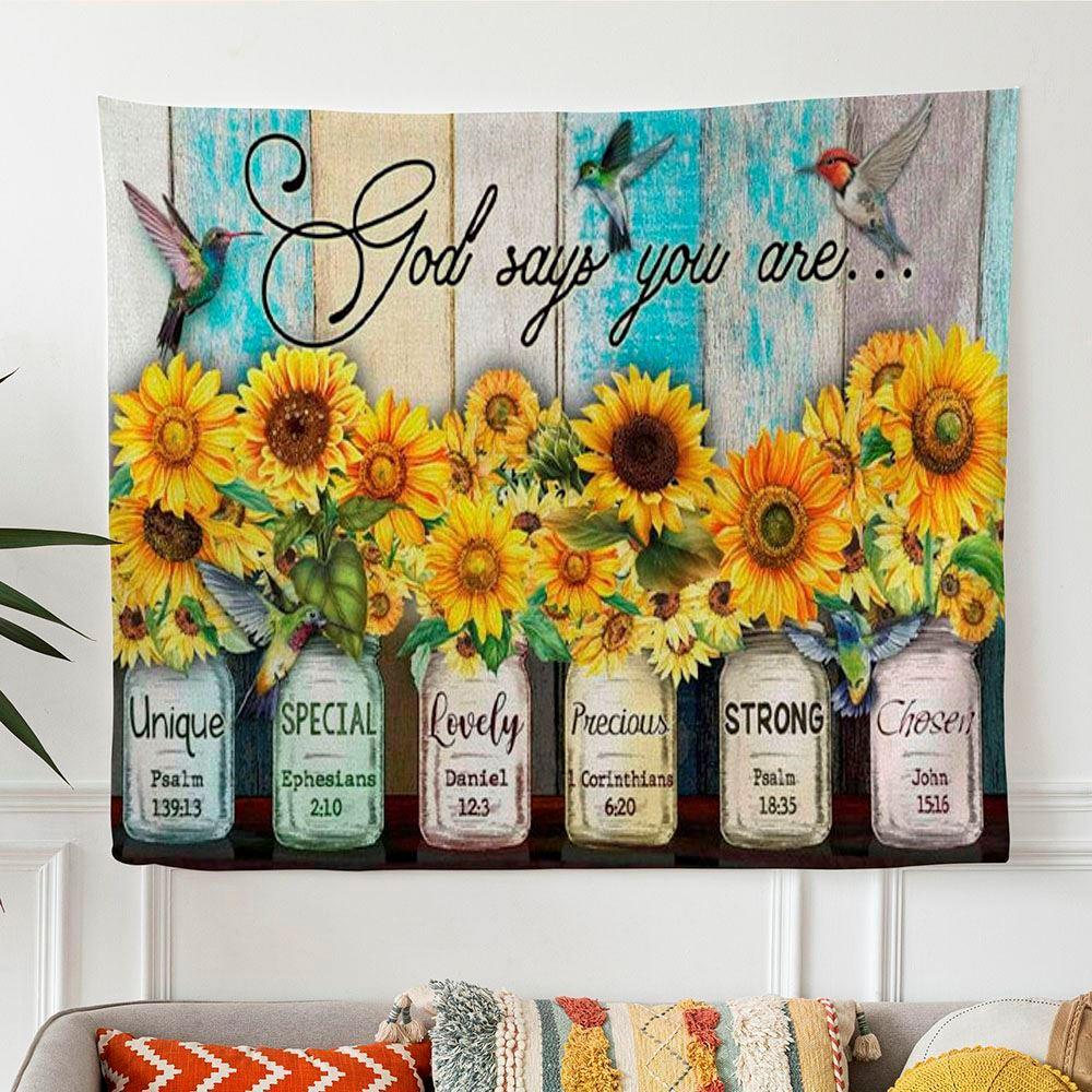 God Says You Are Hummingbird Sunflower Christian Tapestry Wall Art – Gifts For Christians God Says You Are Hummingbird Sunflower Christian Tapestry Wall Art – Gifts For Christians