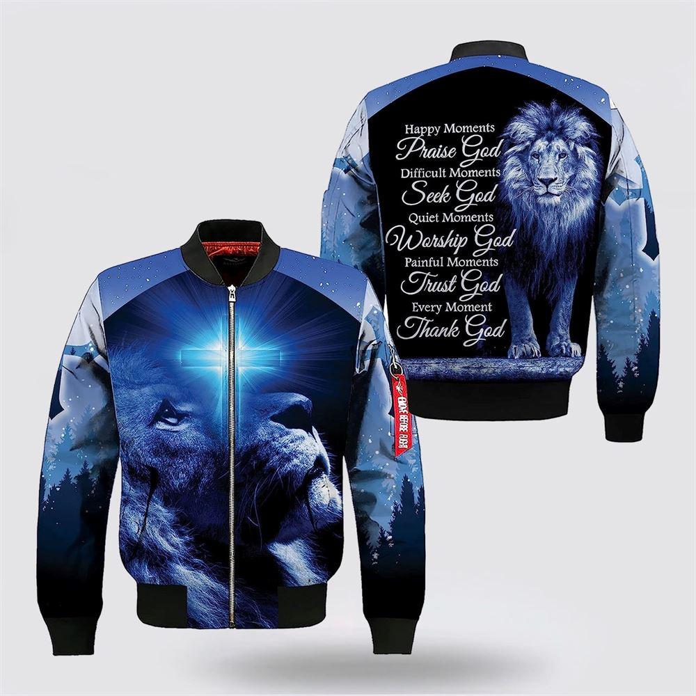 Happy Moment Praise God Lion Cross Blue Light Bomber Jacket – Gifts For Jesus Lovers
