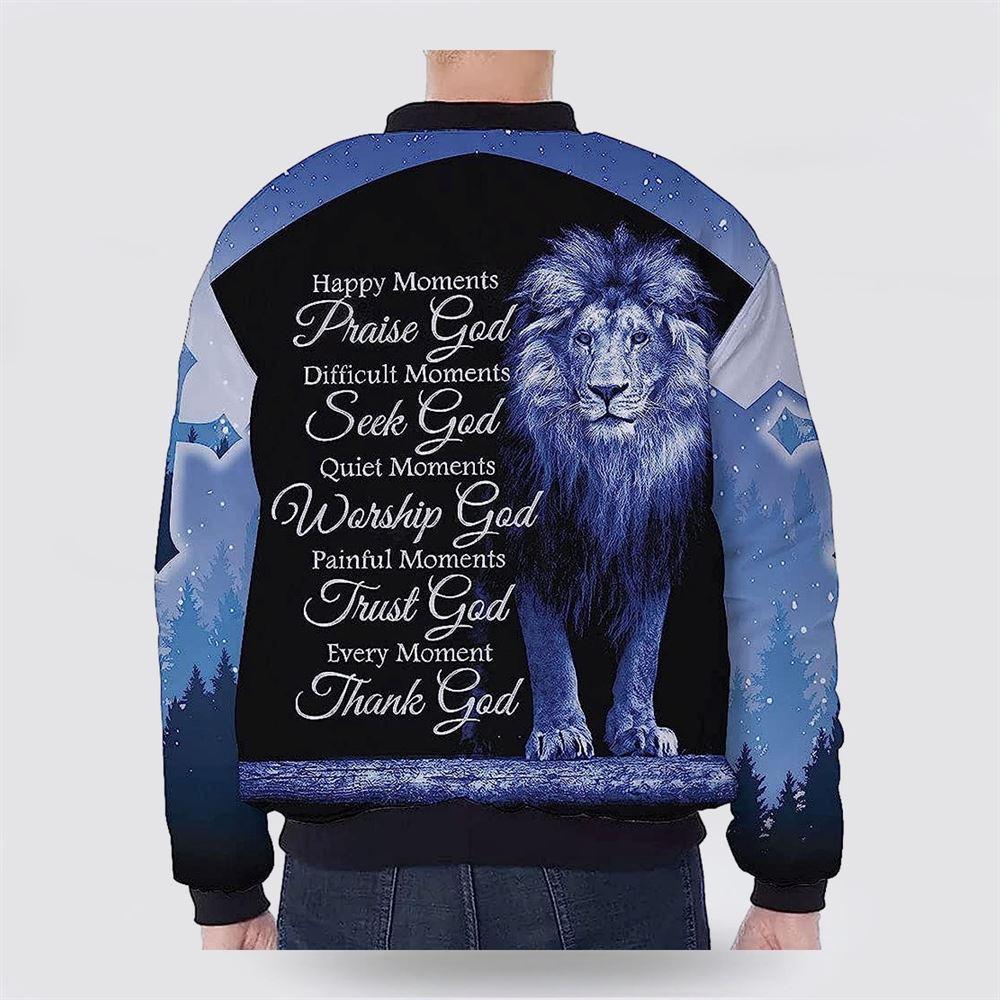 Happy Moment Praise God Lion Cross Blue Light Bomber Jacket – Gifts For Jesus Lovers