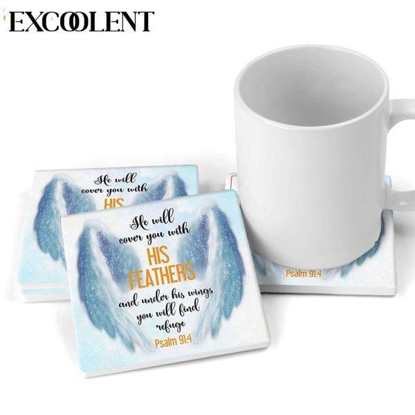 He Will Cover You With His Feathers Psalm 914 3 Stone Coasters – Coasters Gifts For Christian