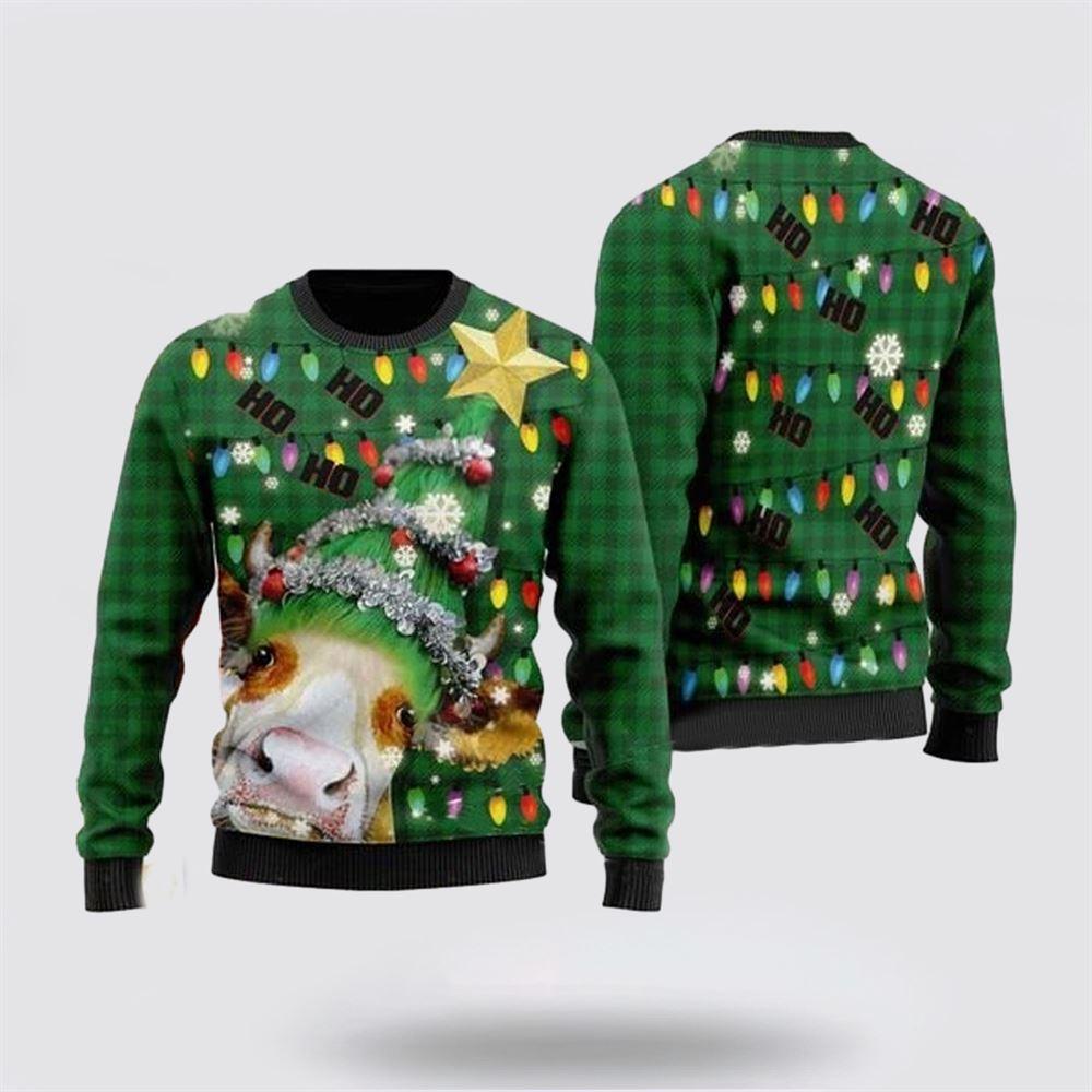 Ho Ho Ho Cow Christmas Tree Ugly Christmas Sweater – Sweater Gifts For Pet Lover