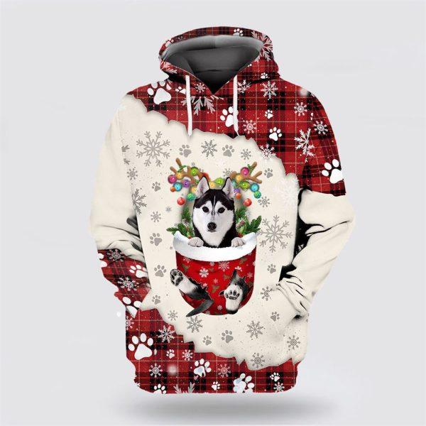 Husky In Snow Pocket Merry Christmas All Over Print 3D Hoodie – Dog Lover Christmas Hoodie
