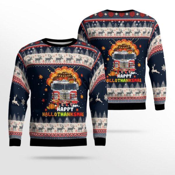 Jersey City Fire Dept Happy Hallothanksmas Ugly Christmas Sweater – Christmas Gifts For Firefighters