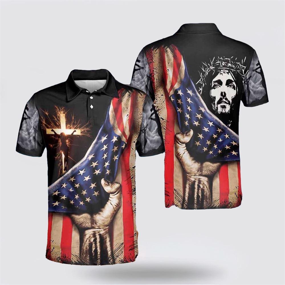 Jesus Christ American Flag Cross Polo Shirts – Gifts For Christian Families