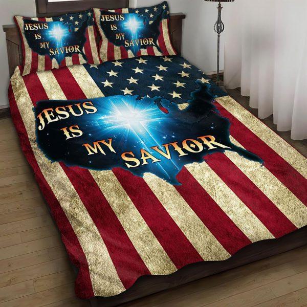 Jesus Is My Savior America Flag Quilt Bedding Set – Christian Gift For Believers