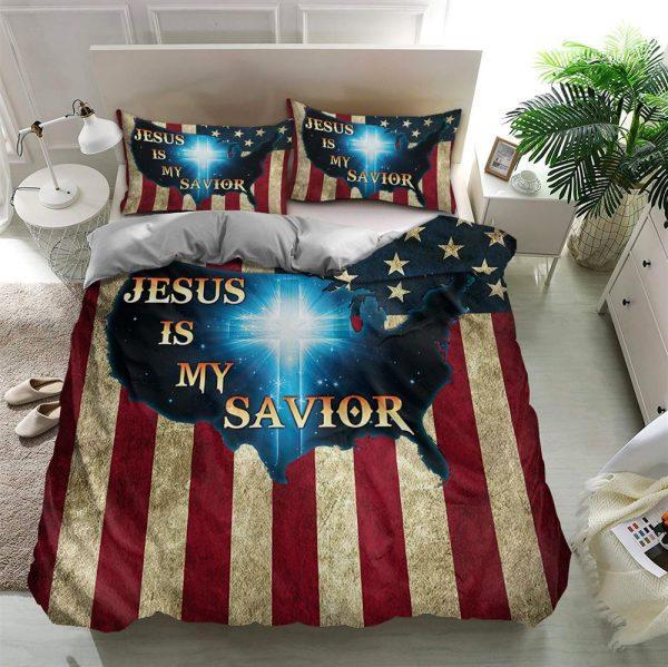 Jesus Is My Savior America Flag Quilt Bedding Set – Christian Gift For Believers