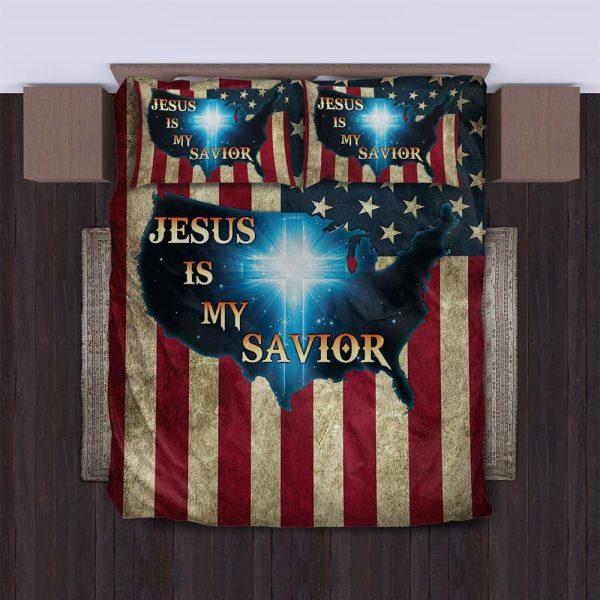 Jesus Is My Savior America Flag Quilt Bedding Set – Christian Gift For Believers