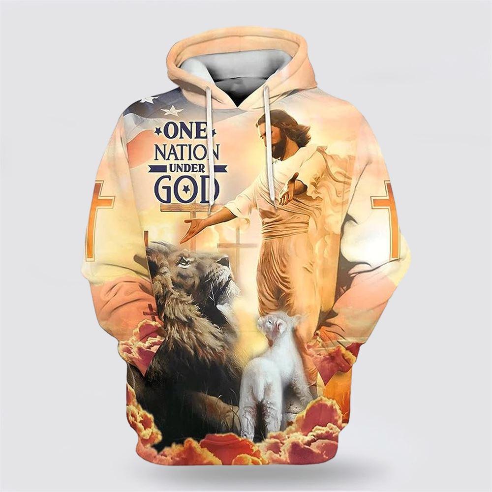Jesus Lion Lamb One Nation Under God All Over Print Hoodie – Gifts For Jesus Lovers