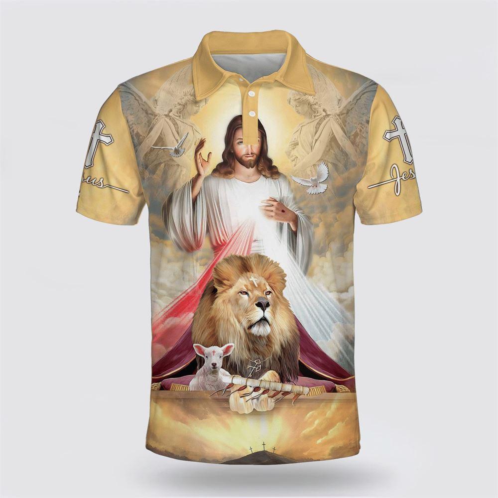 Jesus Potrait And Lion Lamb Polo Shirt – Gifts For Jesus Lovers