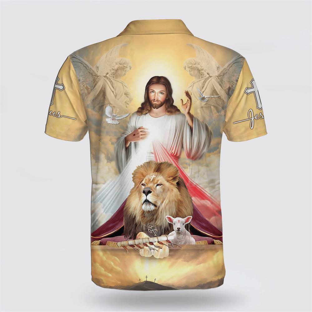 Jesus Potrait And Lion Lamb Polo Shirt – Gifts For Jesus Lovers