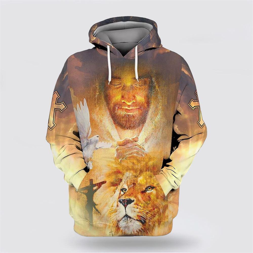 Jesus Praying Lion Dove All Over Print Hoodie Shirt – Christian Gift For Believers