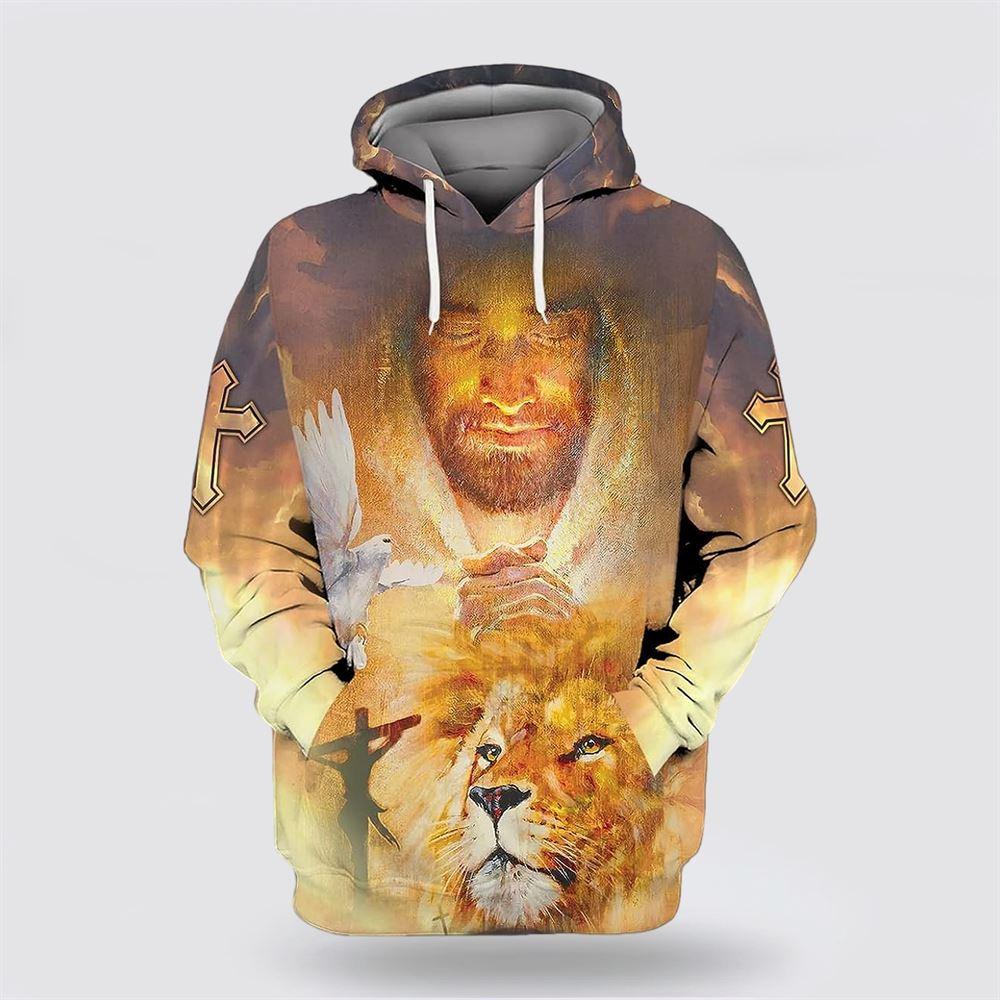 Jesus Praying Lion Dove All Over Print Hoodie Shirt – Christian Gift For Believers