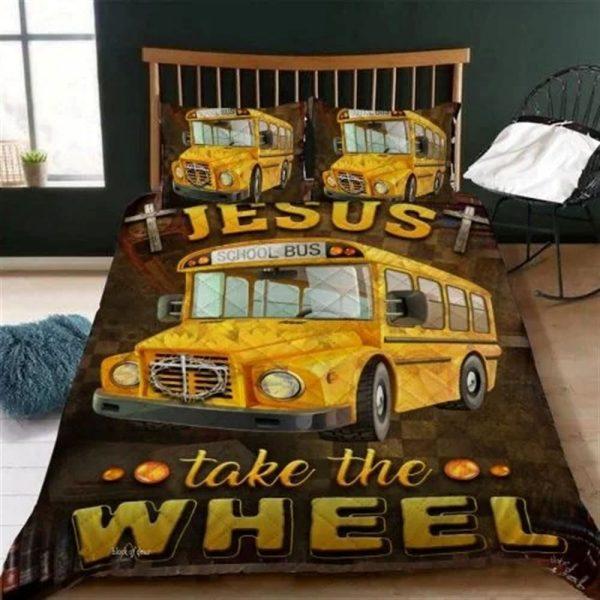 Jesus Take The Wheel School Bus Quilt Bedding Set – Christian Gift For Believers