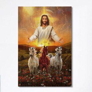 Jesus Three Wooden Crosses Gorgeous Horses Running…