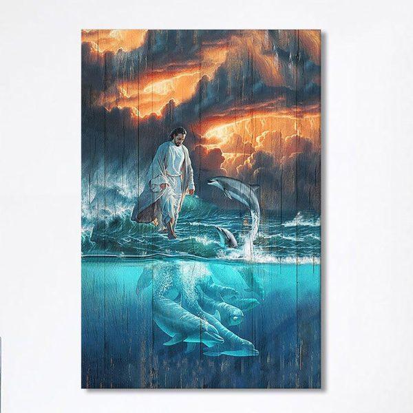 Jesus Walking On The Sea Dolphin Canvas Art – Christian Art – Bible Verse Wall Art – Religious Home Decor