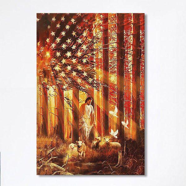 Jesus Walking With The Lambs In Forest Canvas Art – Christian Art – Bible Verse Wall Art – Religious Home Decor