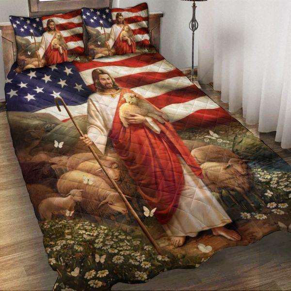 Jesus and Judah Lamb in the American Flag Quilt Bedding Set – Christian Gift For Believers