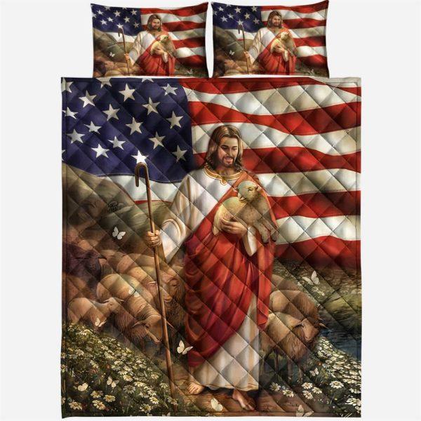 Jesus and Judah Lamb in the American Flag Quilt Bedding Set – Christian Gift For Believers