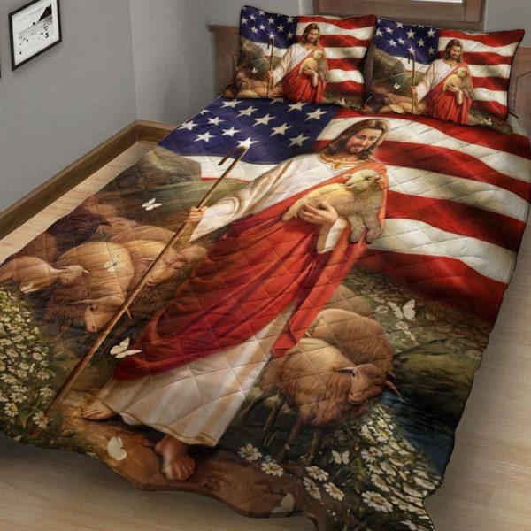 Jesus and Judah Lamb in the American Flag Quilt Bedding Set – Christian Gift For Believers