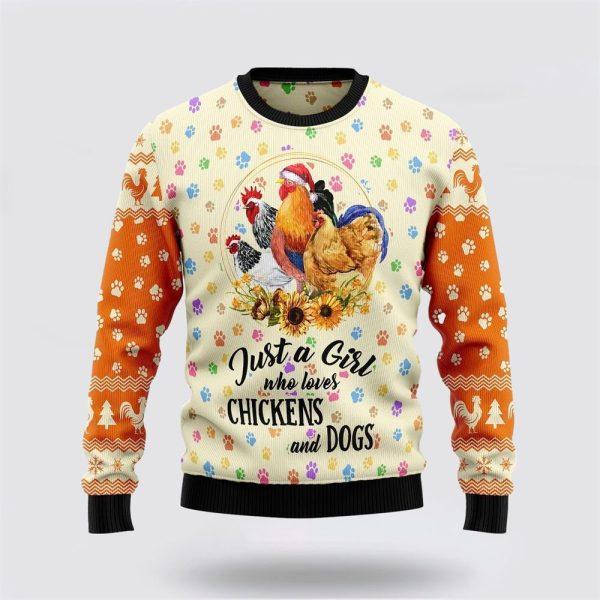 Just A Girl Who Loves Chickens And Dogs Ugly Christmas Sweater – Dog Lover Christmas Sweater