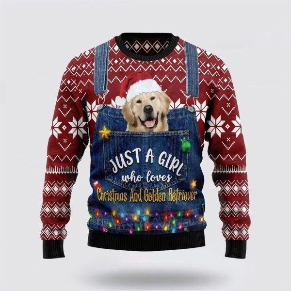 Just A Girl Who Loves Christmas And Golden Retriever Ugly Christmas Sweater – Pet Lover Christmas Sweater