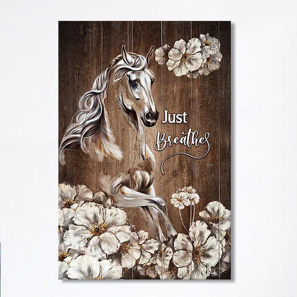 Just Breath Horse Beautiful White Flower Wall Art Canvas – Bible Verse Canvas Art – Christian Wall Art Canvas Home Decor