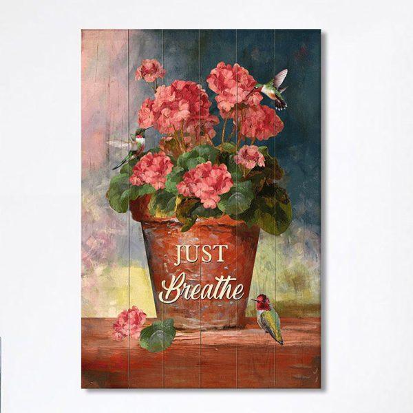 Just Breathe Flowerpot Hummingbird Canvas Wall Art – Bible Verse Canvas Art – Christian Home Decor